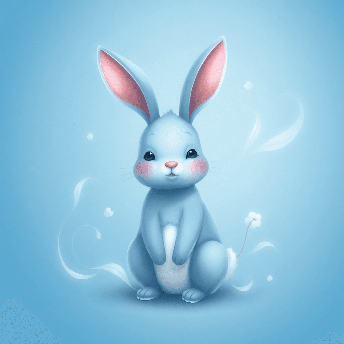 A whimsical blue rabbit with an inviting expression on a serene blue background, surrounded by soft, flowing elements symbolizing creativity and renewal.